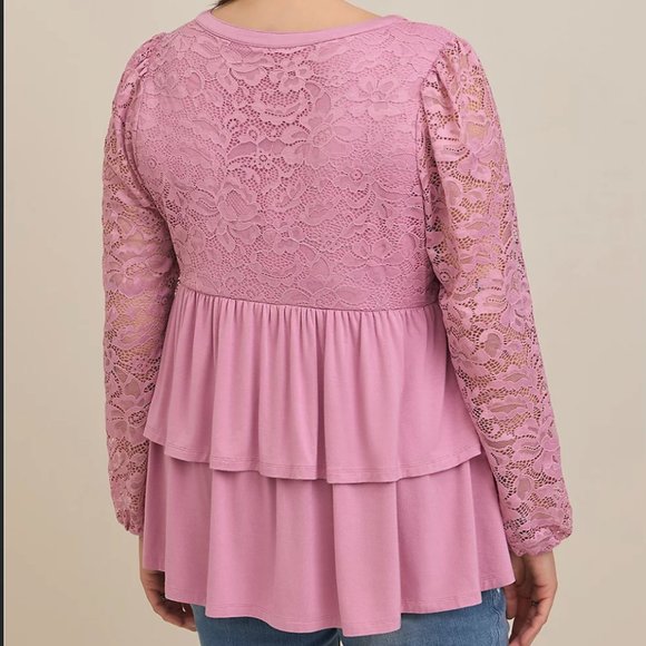 Torrid Plus Size 2X Pink Long Sleeve Lace Trimmed Button Front Tiered Top, NWT - Picture 4 of 4